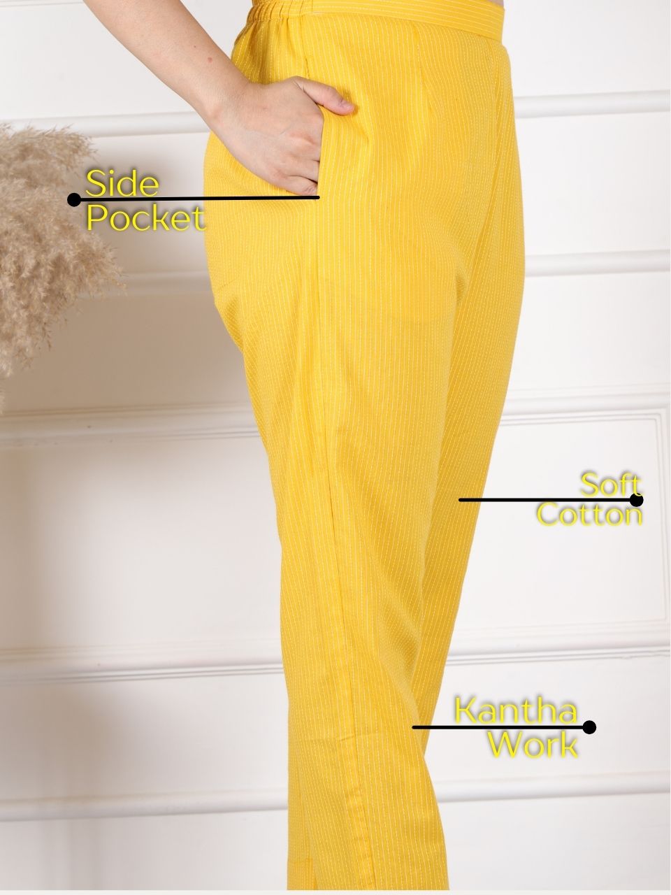 Sunflower Yellow  Running Stitch Work Cotton Trouser