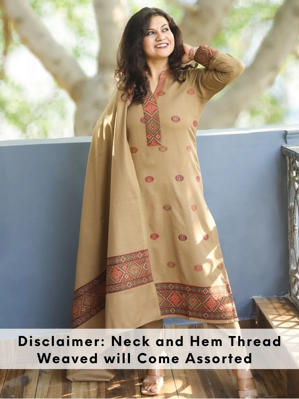 श्रीजा Sand Beige Ban Collar Kullu Thread Weaved Semi Pashmina Winter 3 Piece Set