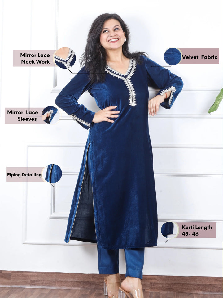 सजना Royal Blue Lace Neck Work Velvet Winter Kurti-D1