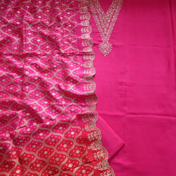 Amber Hot Pink Zari Embroidery V Neck Dola Silk Suit Set