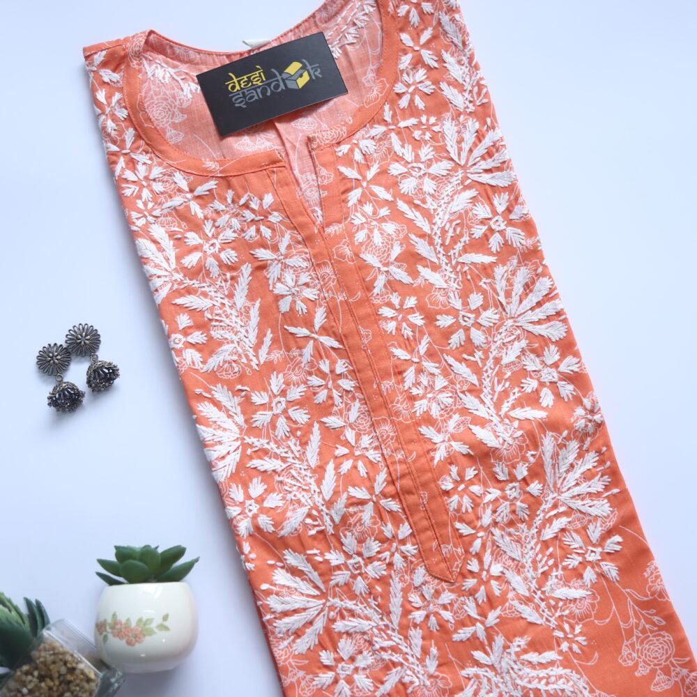 Squash Orange Floral Printed Chikankari Work Cotton Kurti