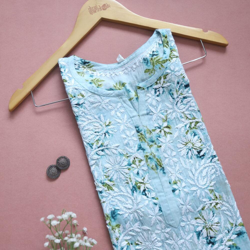 Light Aqua Printed Chikankari Kurti