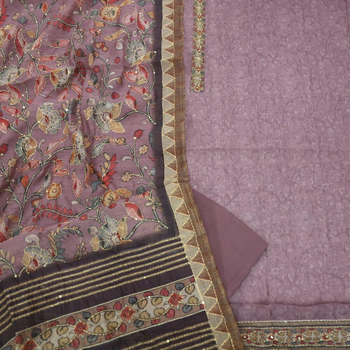 Dark Mauve Self Printed Chanderi Top with Kantha Dupatta Set
