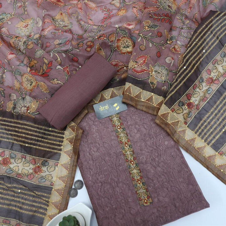 Dark Mauve Self Printed Chanderi Top with Kantha Dupatta Set