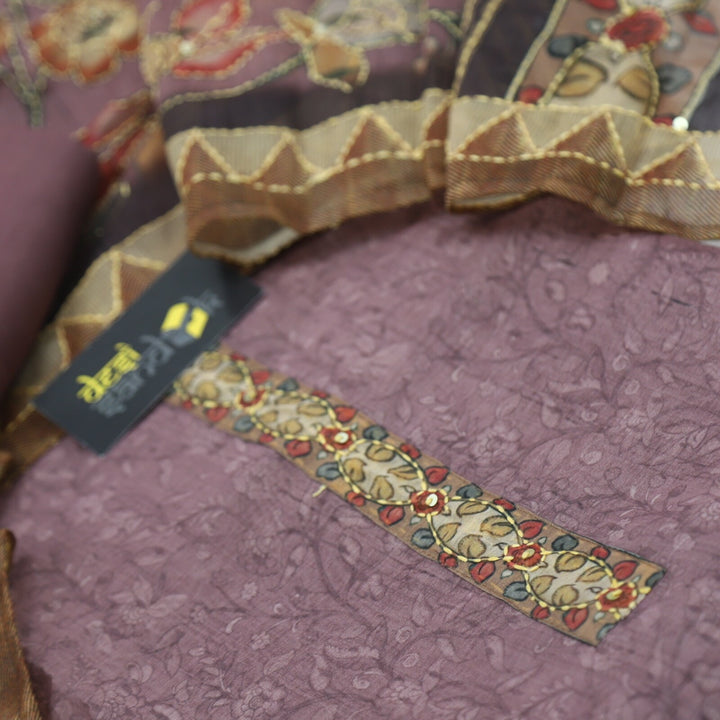 Dark Mauve Self Printed Chanderi Top with Kantha Dupatta Set