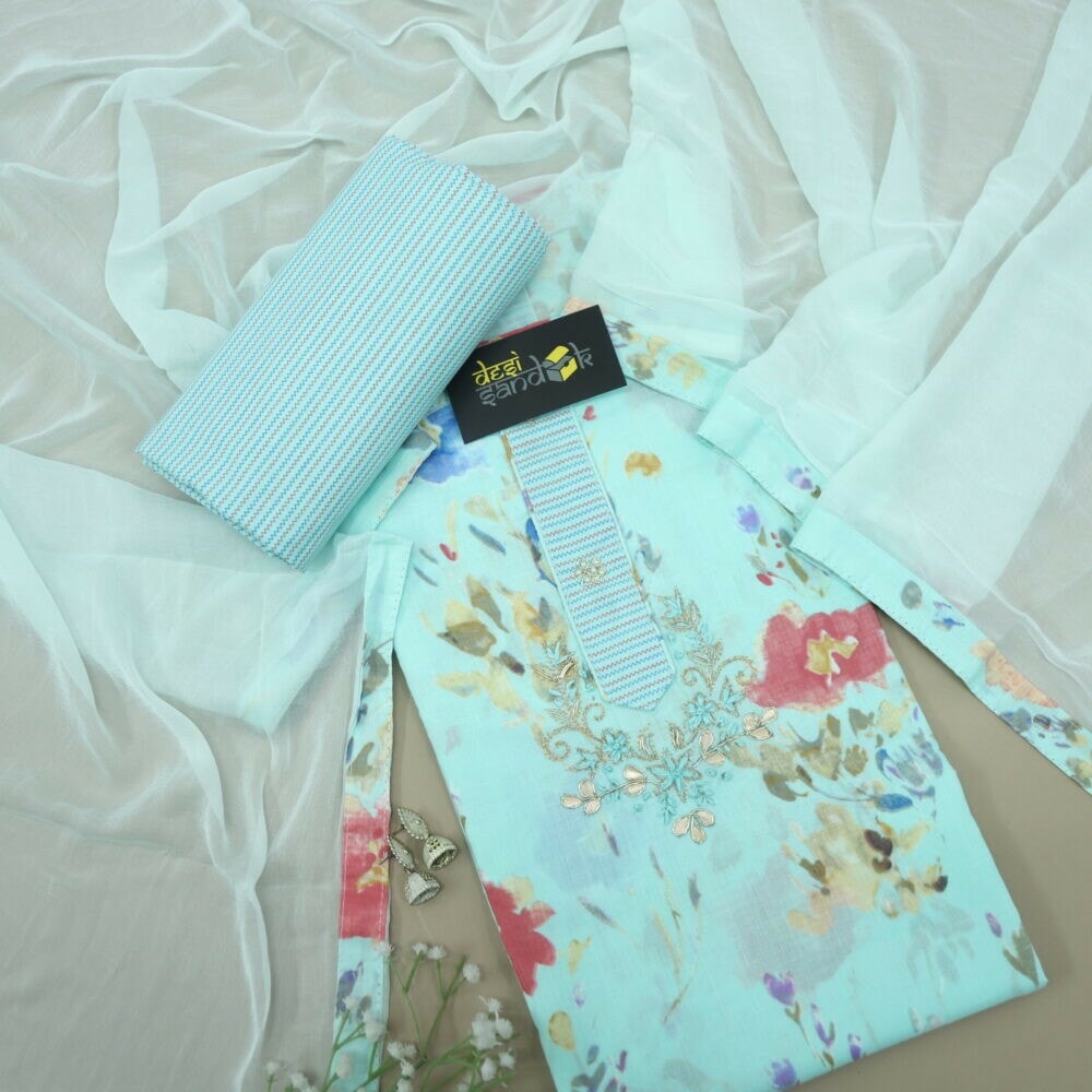 Turquoise Printed Cotton Top with Plain Chiffon Dupatta Set