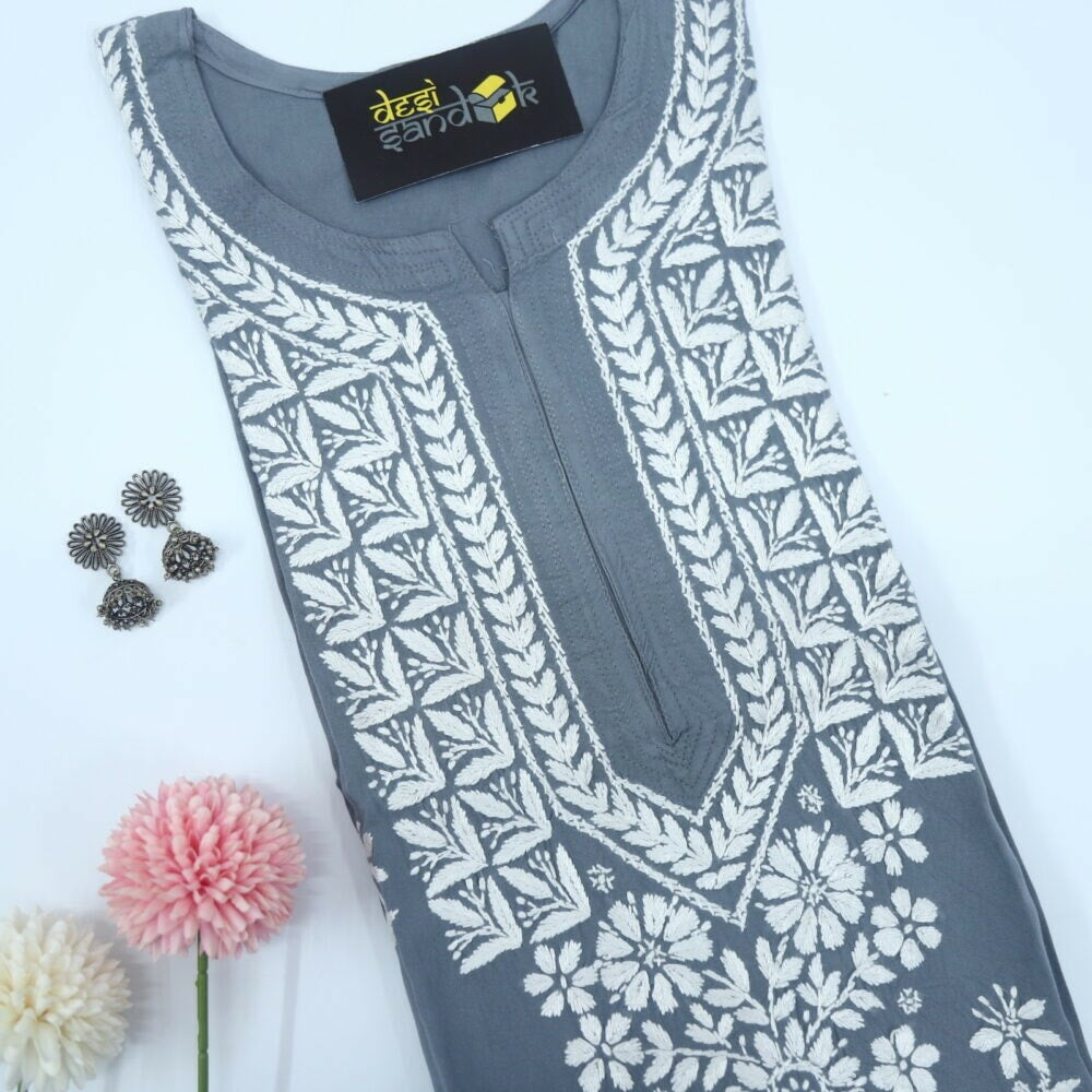 Cloud Grey Modal Chikankari Kurti
