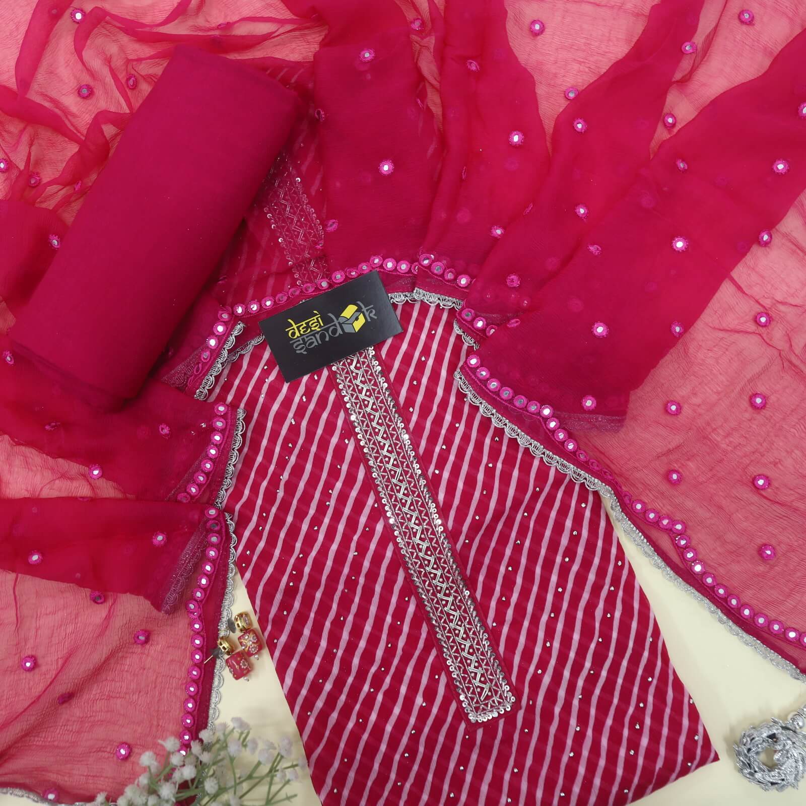 Pink Leheriya Chiffon Dupatta with Heavy Gold Gota Patti Work Border