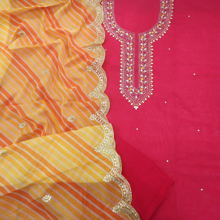 Rani Pink Chanderi Top and Leheriya Chanderi Silk Dupatta Set With Potli Bag