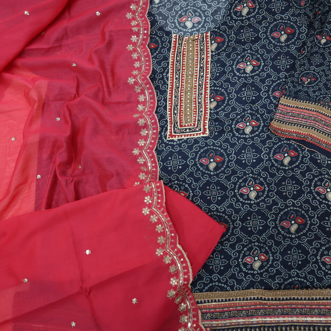Himayati Midnight Blue Bandhani Printed Muslin Top with Cotton Silk Dupatta Set