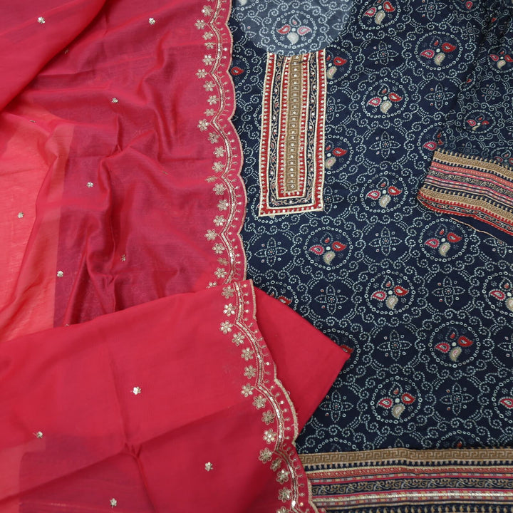 Himayati Midnight Blue Bandhani Printed Muslin Top with Cotton Silk Dupatta Set