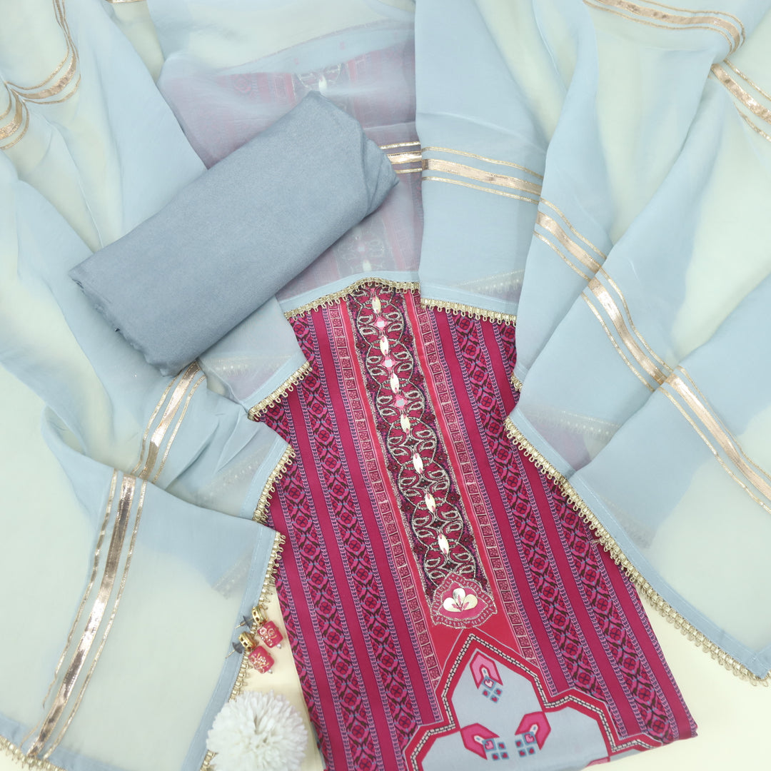 Adaakari Mulberry Mauve Mirror Neck with Zari Floral Print Pakistani Muslin Suit Set