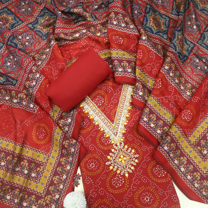Ehtiyaat Ruby Red V Neck Embellished Modal Top With Cotton Silk Dupatta