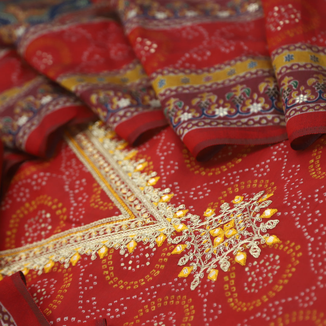 Ehtiyaat Ruby Red V Neck Embellished Modal Top With Cotton Silk Dupatta
