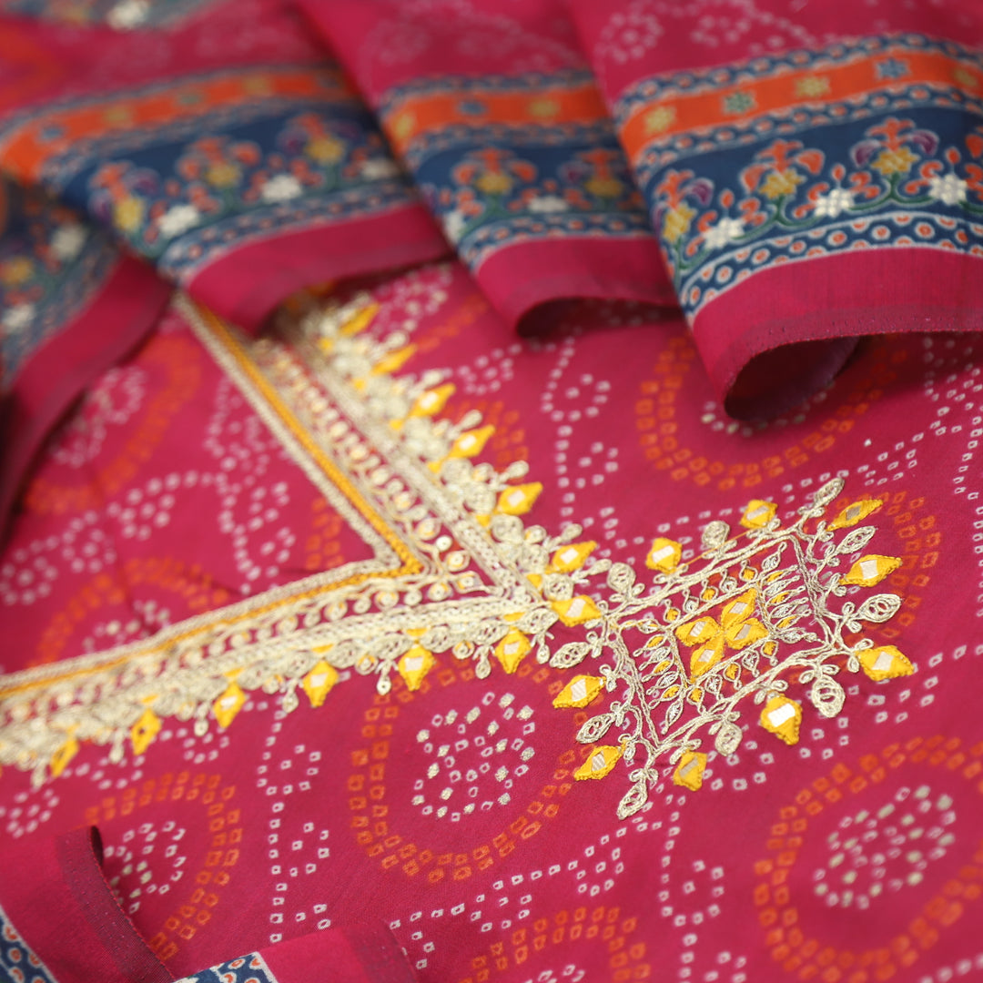 Ehtiyaat Ruby Pink V Neck Embellished Modal Top With Cotton Silk Dupatta