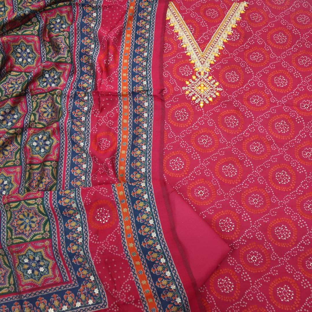 Ehtiyaat Ruby Pink V Neck Embellished Modal Top With Cotton Silk Dupatta