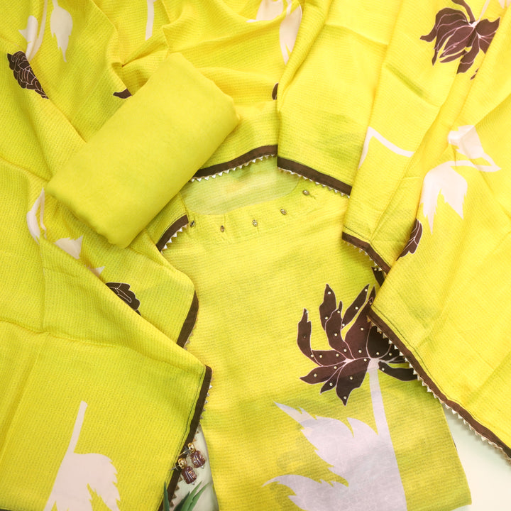Darshanavi Canary Yellow Floral Digital Printed Muslin Suit Set