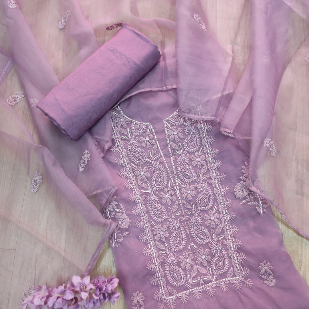 Dildara Lavender Mauve Moti Work with Thread Embroidery Organza Suit Set