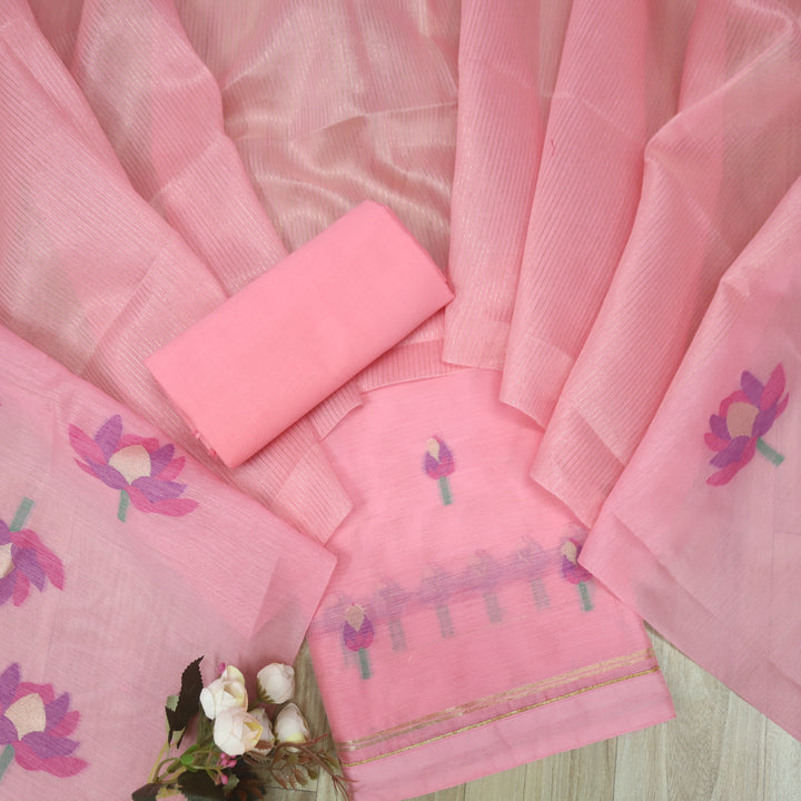 Raina Strawberry Pink Authentic Jamdani Weaved Top and Dupatta Set