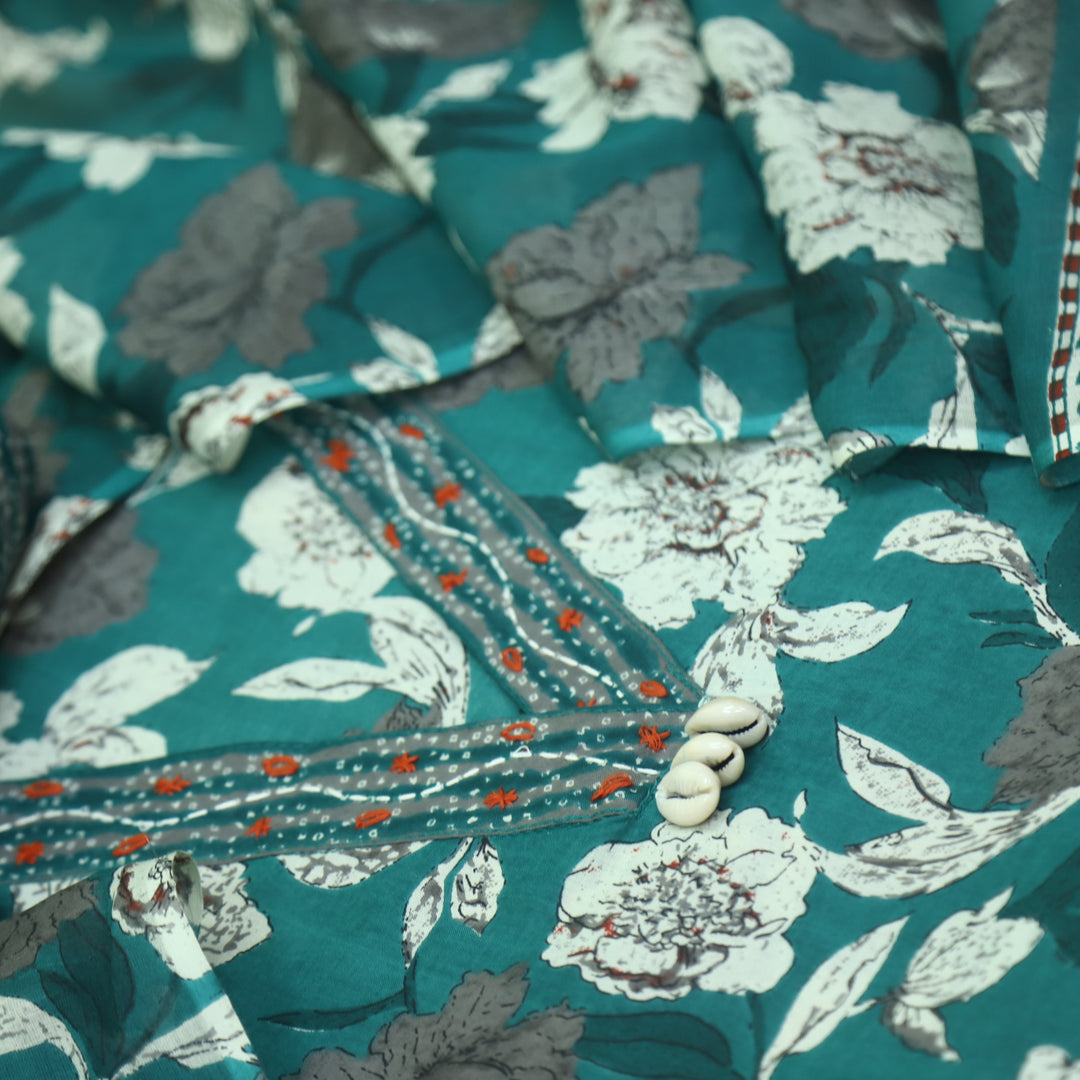 Guzaarish Dark Green V Neck Shell Work Floral Printed Cotton Suit Set