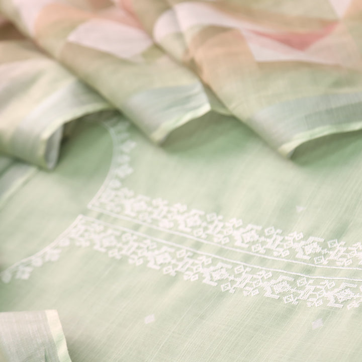 Gujaarish Mint Green Cross-Stitch Embroidery  Neck Cotton Linen Suit Set