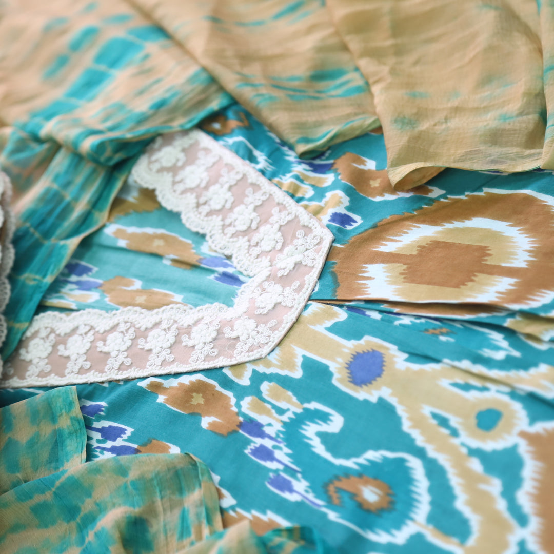 Rukshat Teal Blue V Neck Lace Work Printed Cotton Suit Set
