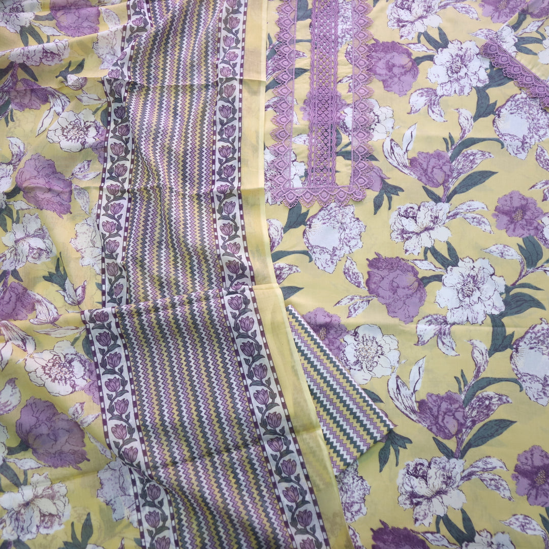 Rukshat Buttermilk Yellow Lace Neck Work Floral Printed Cotton Suit Set