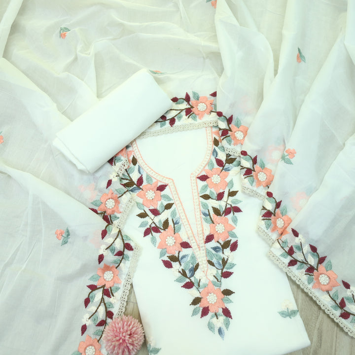 Riwayaat Pearl White Chikankari inspired Neck Work Cotton Suit Set