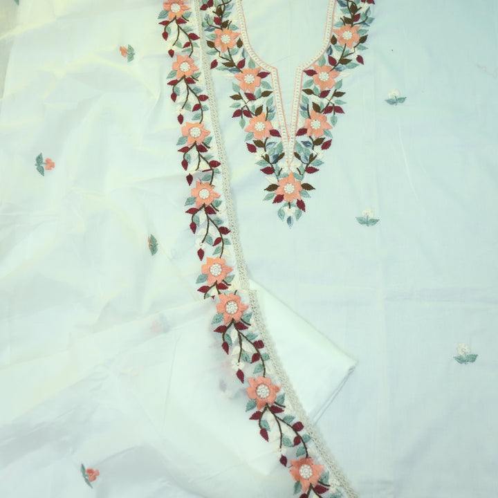 Riwayaat Pearl White Chikankari inspired Neck Work Cotton Suit Set