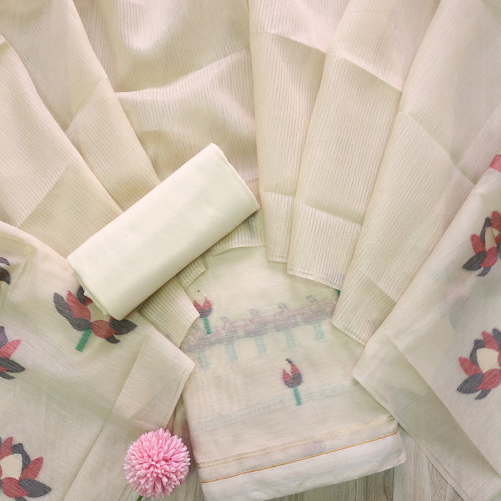 Raina Latte Skin Beige Authentic Jamdani Weaved Top and Dupatta Set