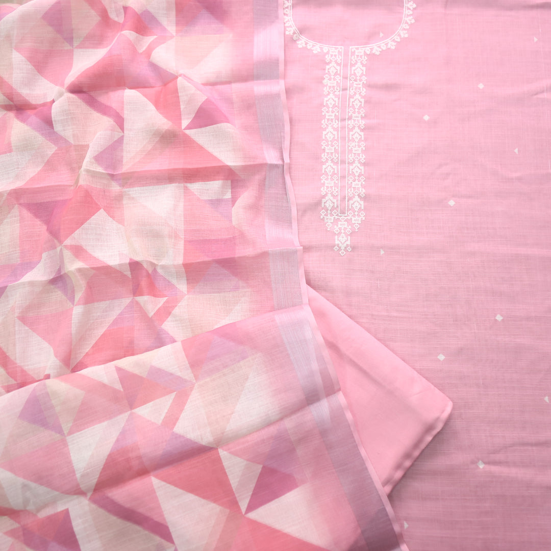 Gujaarish Blush Pink Cross-Stitch Embroidery  Neck Cotton Linen Suit Set