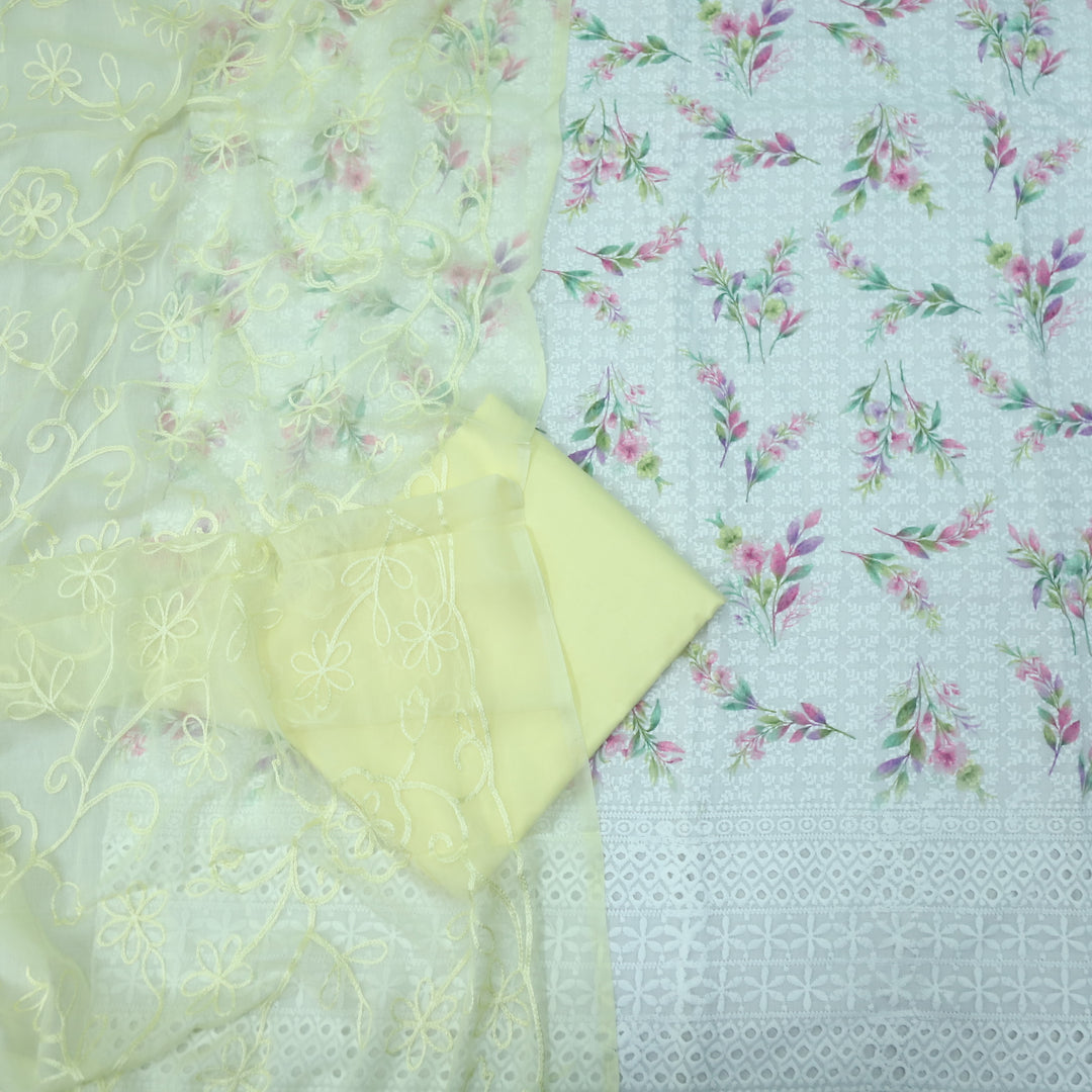 Hamsafar White with Buttermilk Yellow Floral Printed Schiffli Work Cotton Suit Set
