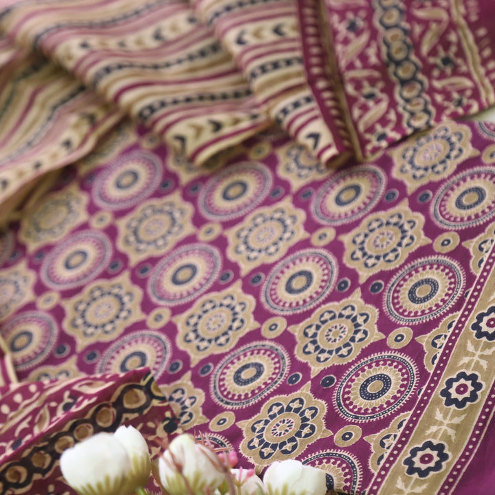 Jahaan Eggplant Purple Floral Printed Ajrak Cotton Suit Set