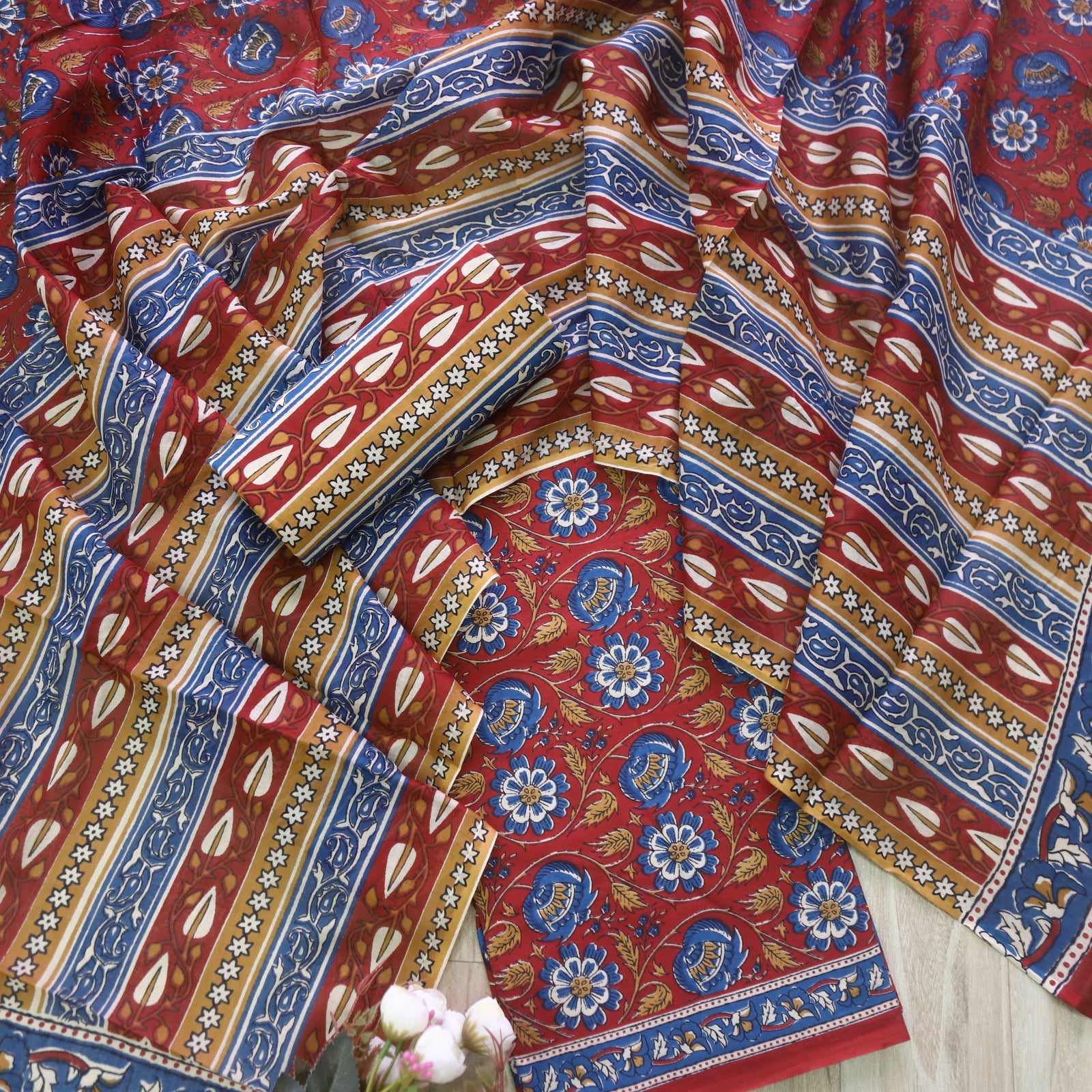 Green Ajrak Printed Cotton Blend Straight Suit Set With Dupatta