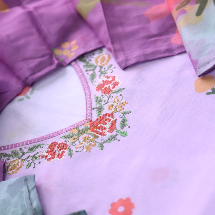 Rubiya Lavis Lilac Cross-Stitch Embroidered Neck Cotton Suit Set