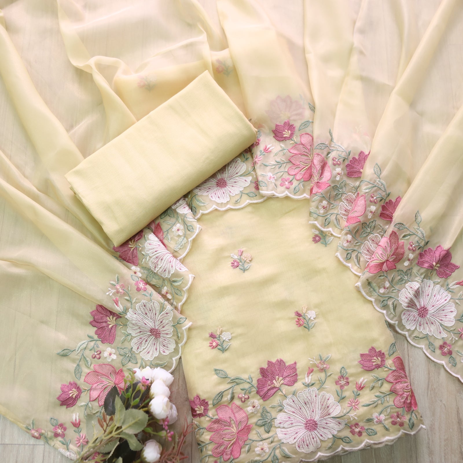 Elegant Mustard Floral Embroidered Organza Shimmer Silk Suit Top, Bottom & Dupatta Set main image 1