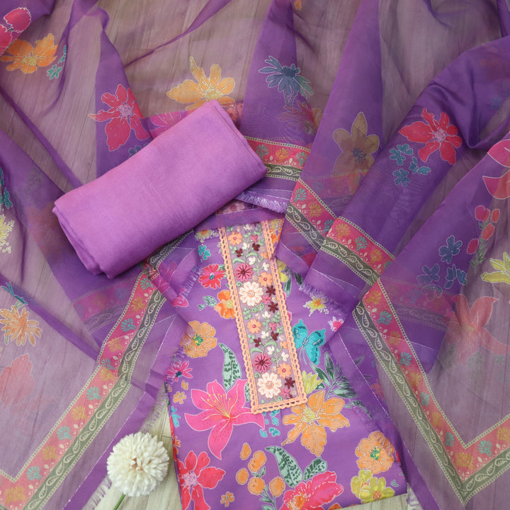 Adaakari Peri Purple Embellished Lace Neck Floral Print Art Muslin  Suit Set