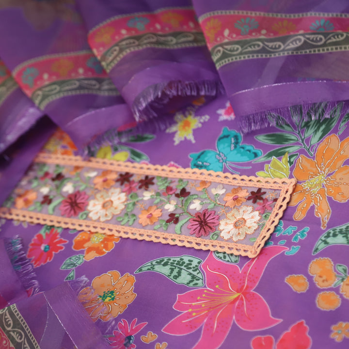 Adaakari Peri Purple Embellished Lace Neck Floral Print Art Muslin  Suit Set