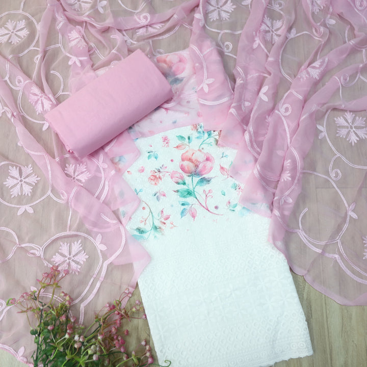 Hamsafar White with Pink Floral Printed Schiffli Work Cotton Suit Set