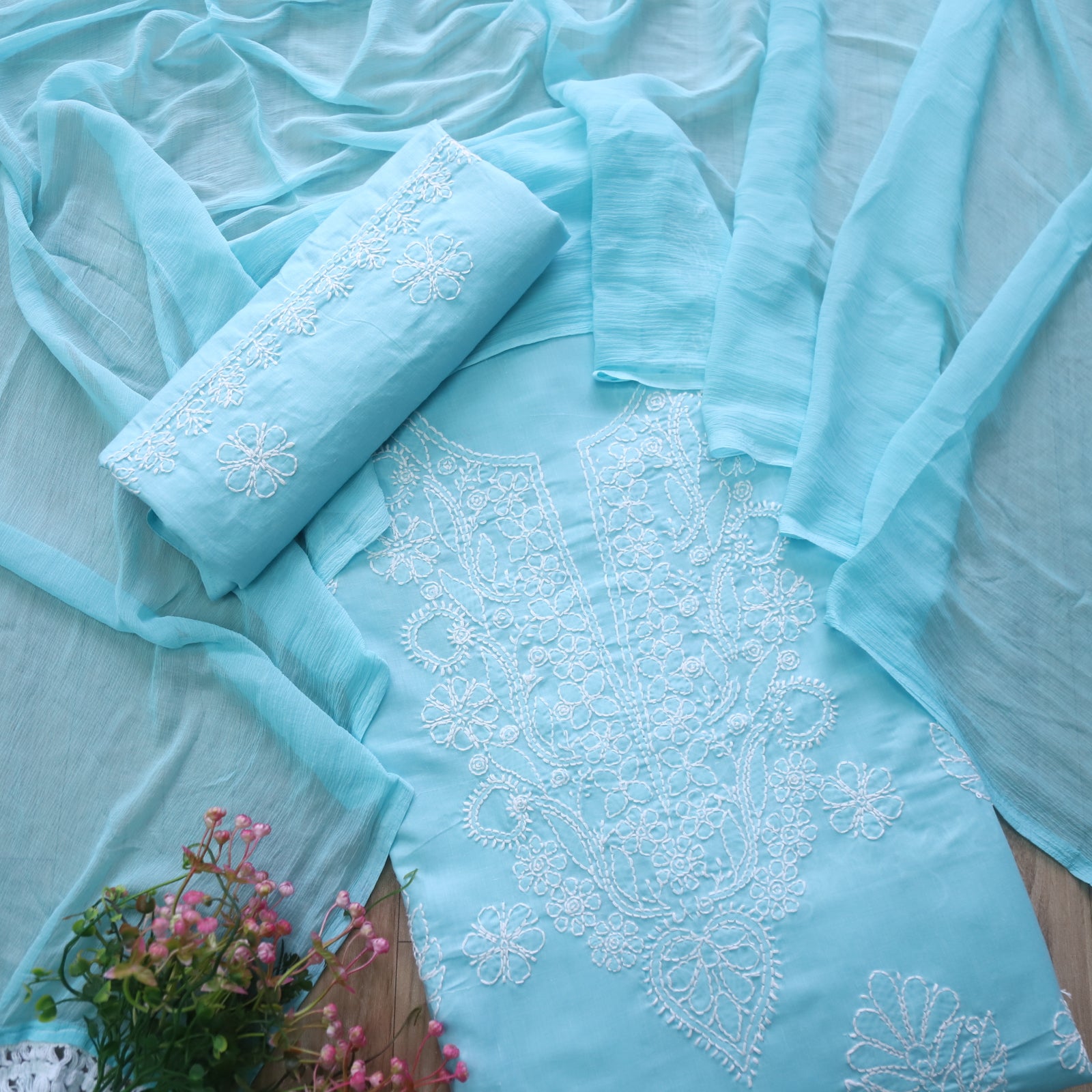 Rangreza Blue 3 Piece Chikenkari Cotton Suit | Rr-984 main image 1