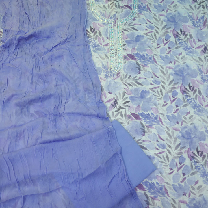 Sahiba White with Purple Floral Print Embellished Neck Cotton Linen Suit Set