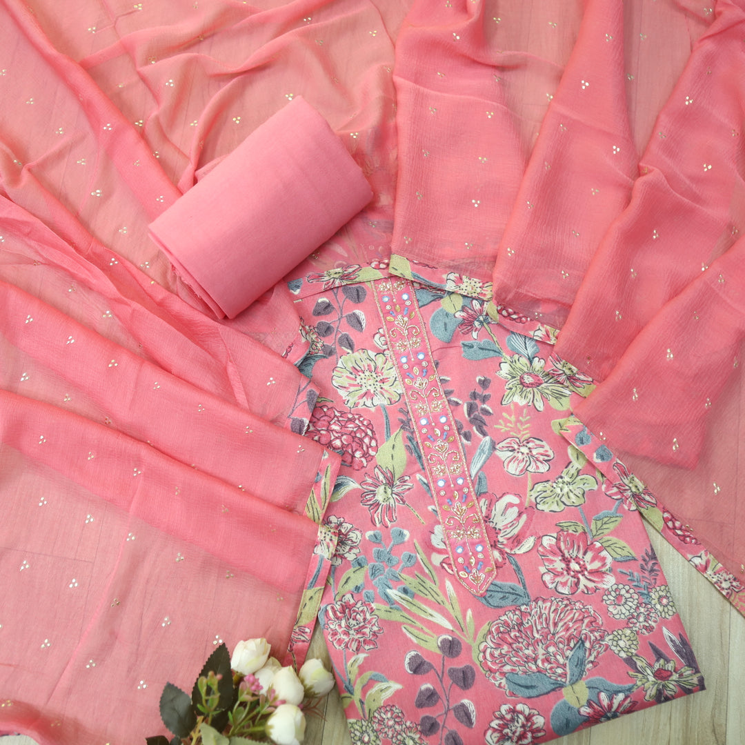 Guzaarish Flamingo Pink Patch Work Neck Floral Printed Cotton Suit Set