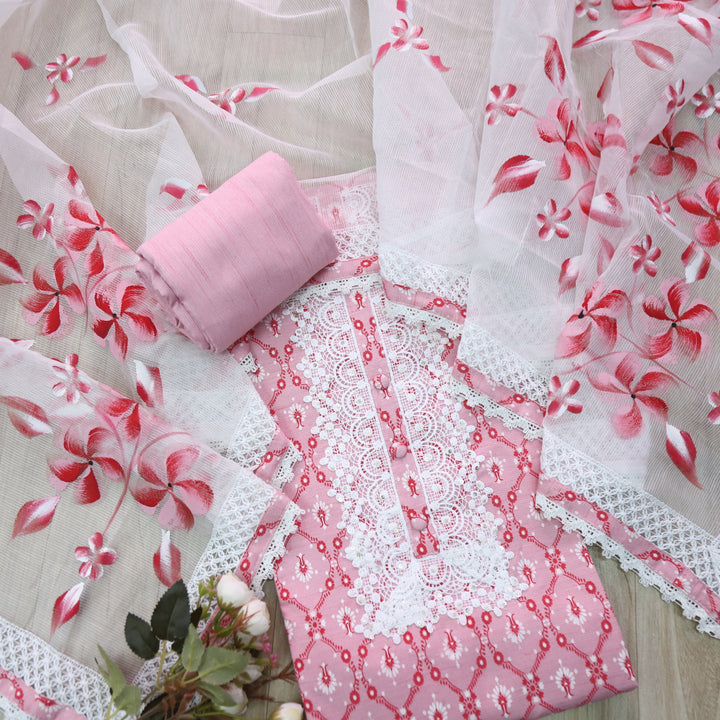 Aashna Light Baby Pink Lace Work Floral Printed Cotton Suit Set