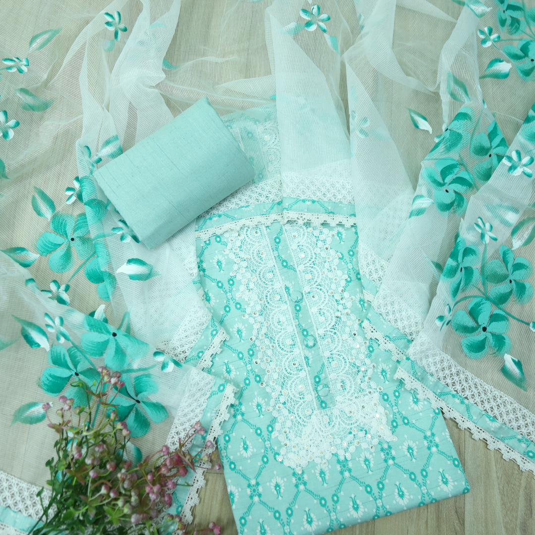 Aashna Light Aqua Green Lace Work Floral Printed Cotton Suit Set