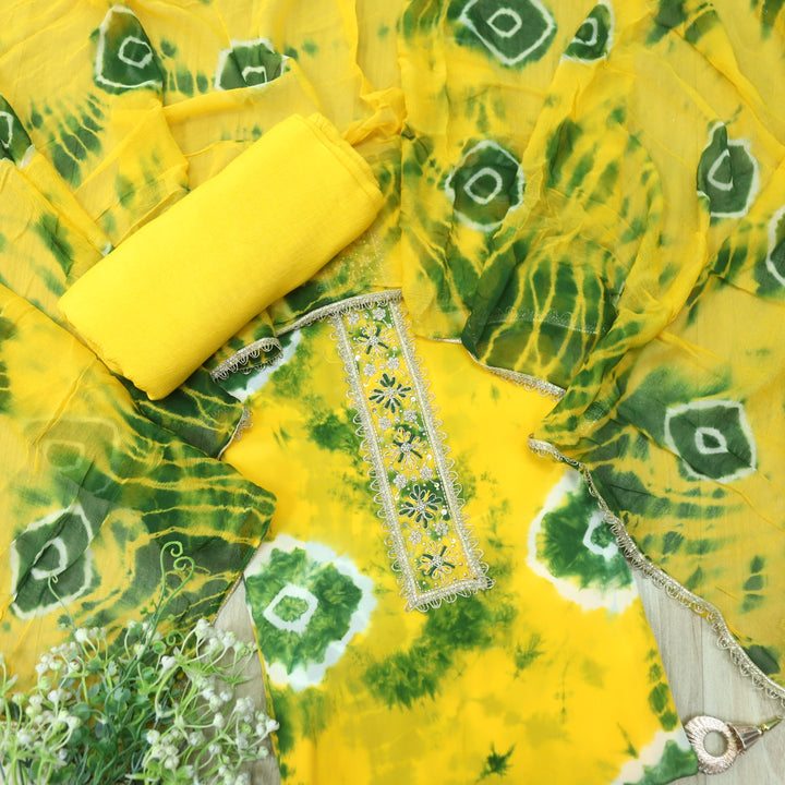 Riwayaat Lemon Yellow Embellish Neck Shibori Printed Crepe Suit Set