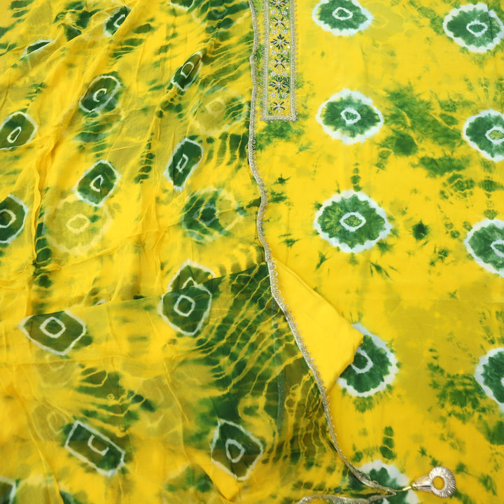 Riwayaat Lemon Yellow Embellish Neck Shibori Printed Crepe Suit Set