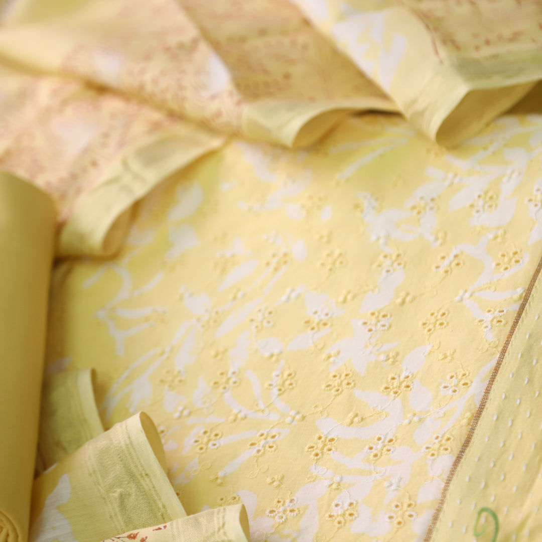 Sarkaare Pineapple Yellow Printed Schiffli Work Cotton Suit Set