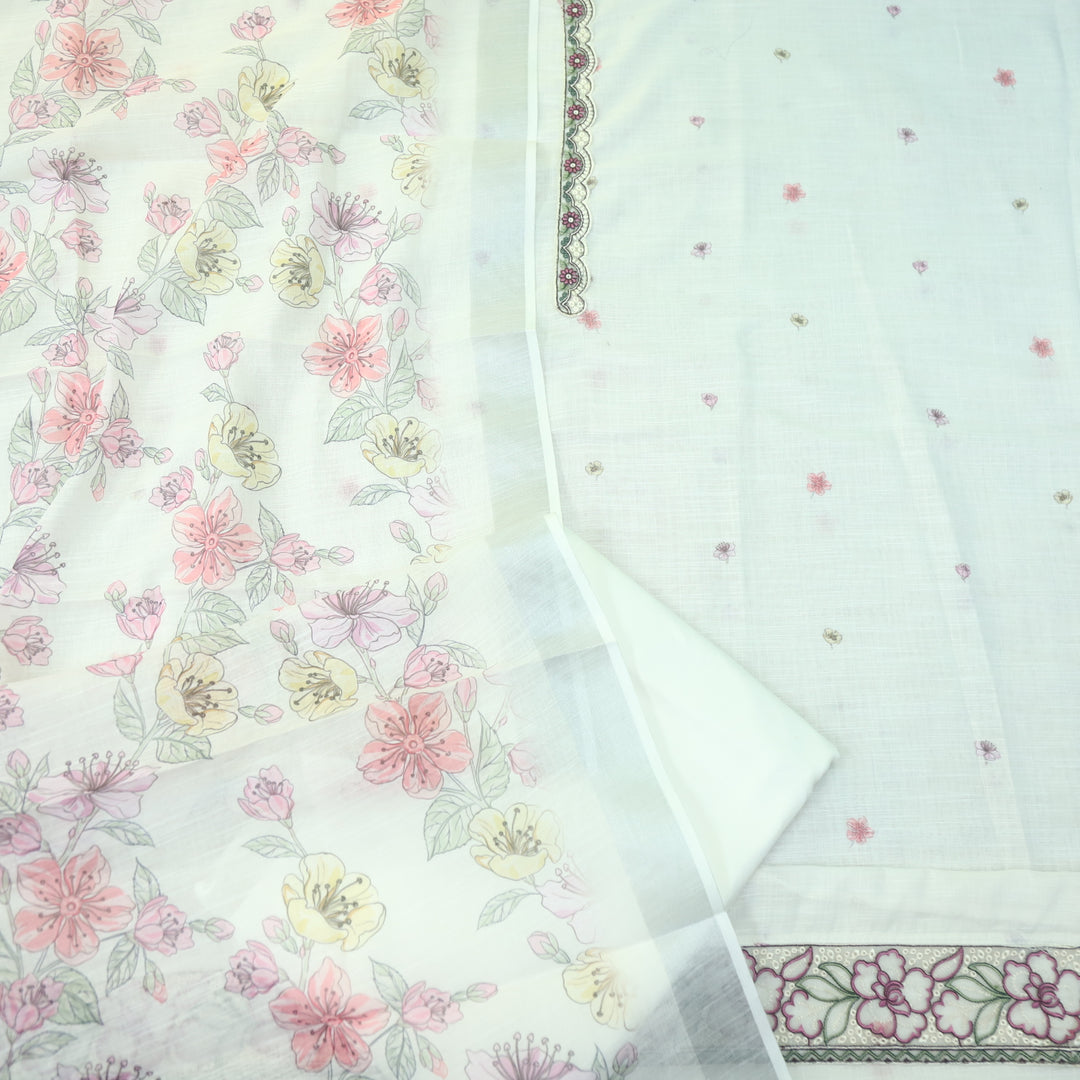 Nawabi Pearl White Patch Lace Neck Work Cotton Linen Suit Set