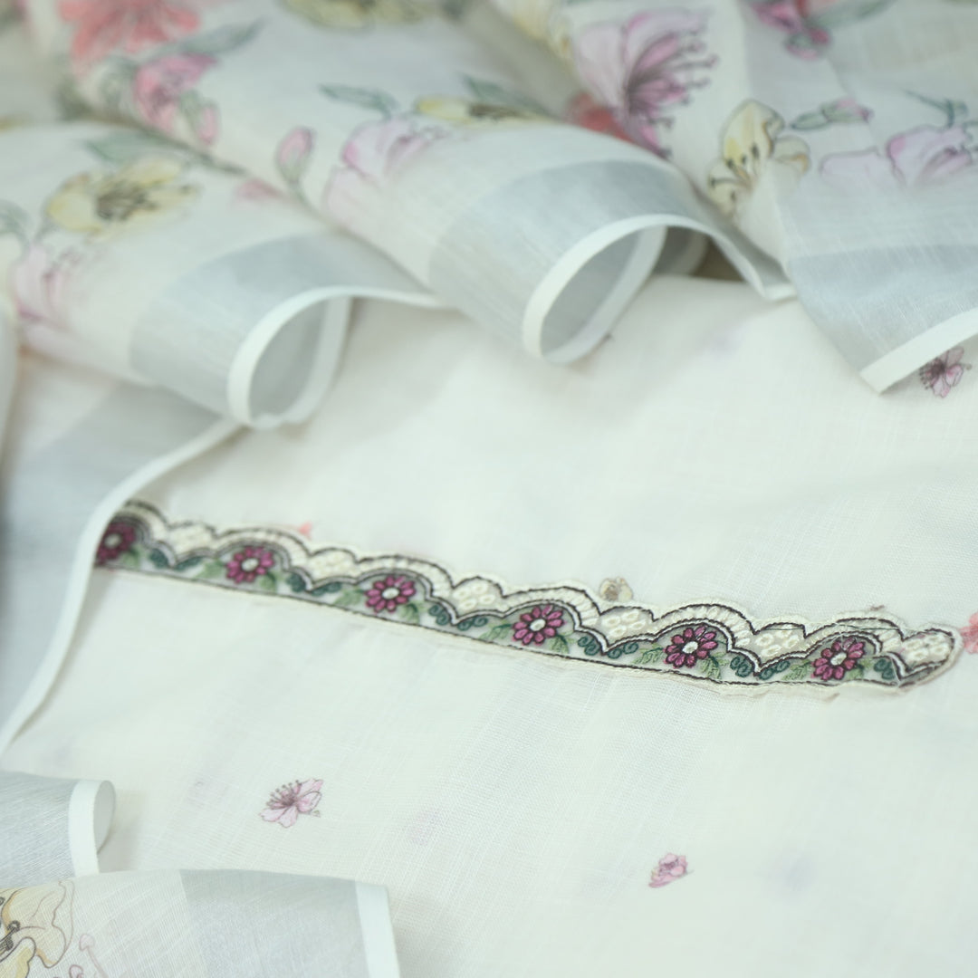 Nawabi Pearl White Patch Lace Neck Work Cotton Linen Suit Set