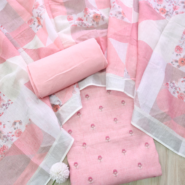 Deedar Peachy Pink Floral Embroidery Buti Work Cotton Linen Suit Set